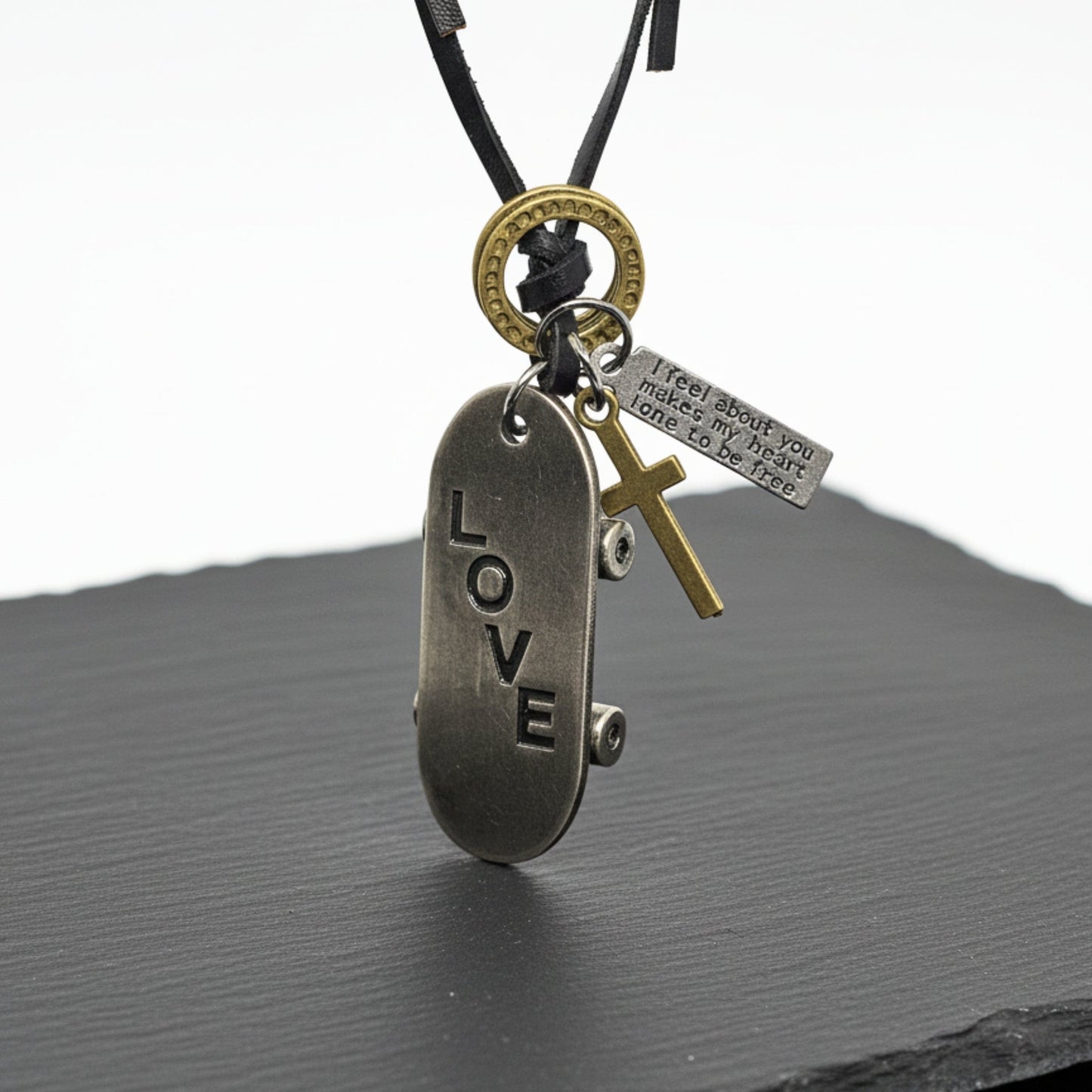 THE MEN THING Leather Necklace SILVER SKATE LOVE – 2-Inch Pure Stainless Steel Pendant with Adjustable Dark Brown Leather Rope for Men & Boys