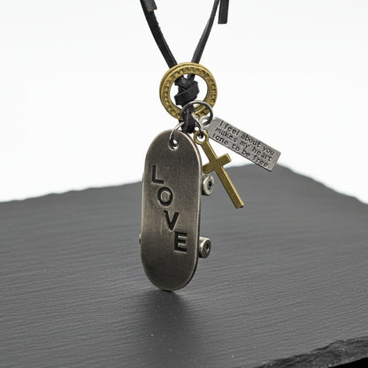 THE MEN THING Leather Necklace SILVER SKATE LOVE – 2-Inch Pure Stainless Steel Pendant with Adjustable Dark Brown Leather Rope for Men & Boys