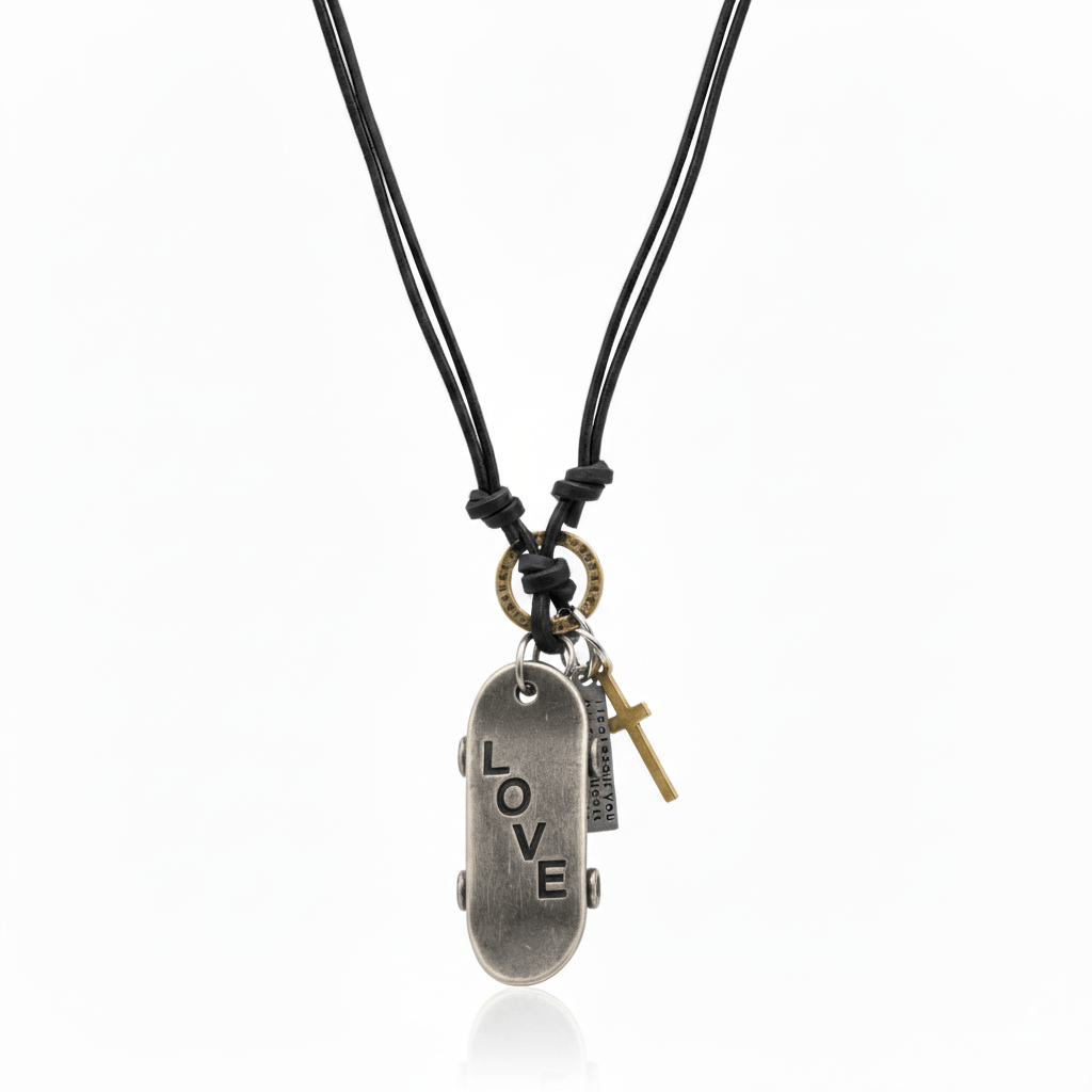THE MEN THING Leather Necklace SILVER SKATE LOVE – 2-Inch Pure Stainless Steel Pendant with Adjustable Dark Brown Leather Rope for Men & Boys