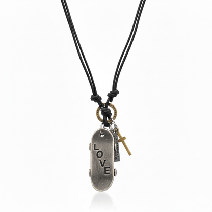 THE MEN THING Leather Necklace SILVER SKATE LOVE – 2-Inch Pure Stainless Steel Pendant with Adjustable Dark Brown Leather Rope for Men & Boys