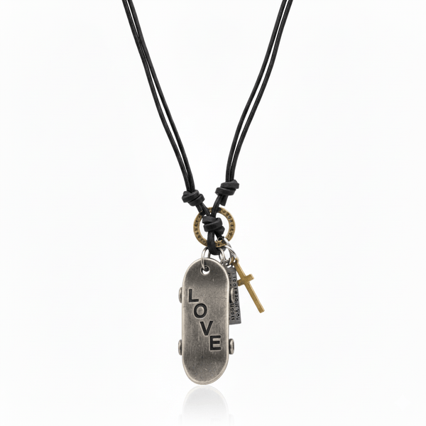 SILVER SKATE LOVE – 2-Inch Pure Stainless Steel Pendant with Adjustable Dark Brown Leather Rope for Men & Boys