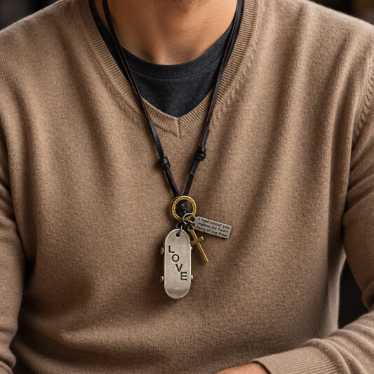 THE MEN THING Leather Necklace SILVER SKATE LOVE – 2-Inch Pure Stainless Steel Pendant with Adjustable Dark Brown Leather Rope for Men & Boys