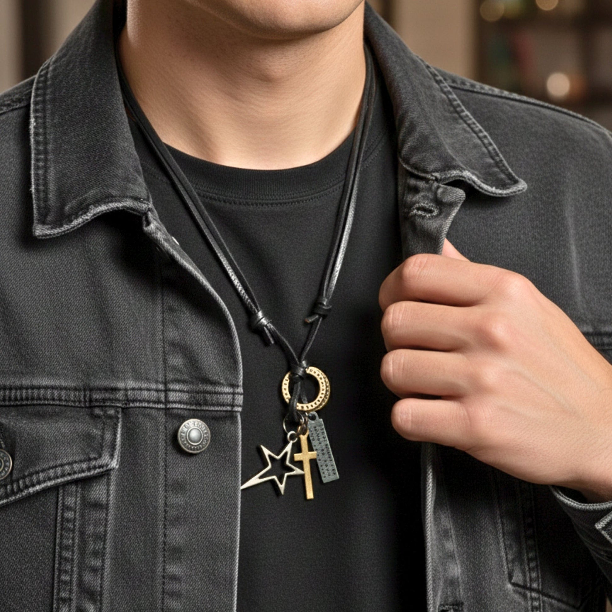 THE MEN THING Leather Necklace SILVER VOYAGER STAR CROSS – 1.5-Inch Pure Stainless Steel Pendant with  Adjustable Leather Rope for Men & Boys