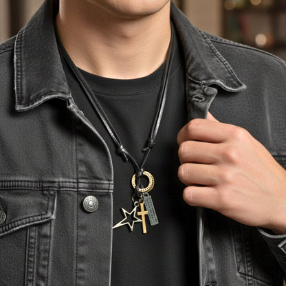 THE MEN THING Leather Necklace SILVER VOYAGER STAR CROSS – 1.5-Inch Pure Stainless Steel Pendant with  Adjustable Leather Rope for Men & Boys