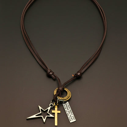 THE MEN THING Leather Necklace SILVER VOYAGER STAR CROSS – 1.5-Inch Pure Stainless Steel Pendant with  Adjustable Leather Rope for Men & Boys