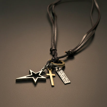 THE MEN THING Leather Necklace SILVER VOYAGER STAR CROSS – 1.5-Inch Pure Stainless Steel Pendant with  Adjustable Leather Rope for Men & Boys