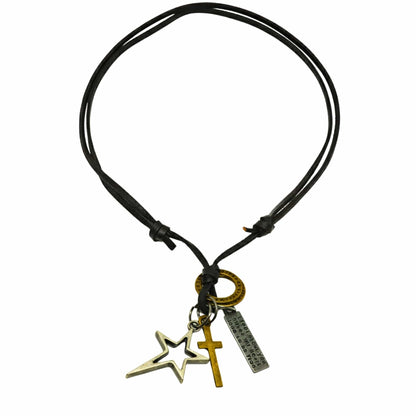 THE MEN THING Leather Necklace SILVER VOYAGER STAR CROSS – 1.5-Inch Pure Stainless Steel Pendant with  Adjustable Leather Rope for Men & Boys