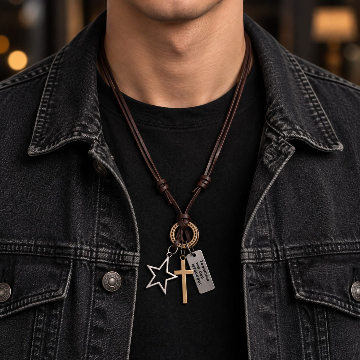 THE MEN THING Leather Necklace SILVER VOYAGER STAR CROSS – 1.5-Inch Pure Stainless Steel Pendant with  Adjustable Leather Rope for Men & Boys