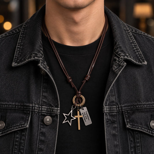 THE MEN THING Leather Necklace SILVER VOYAGER STAR CROSS – 1.5-Inch Pure Stainless Steel Pendant with  Adjustable Leather Rope for Men & Boys