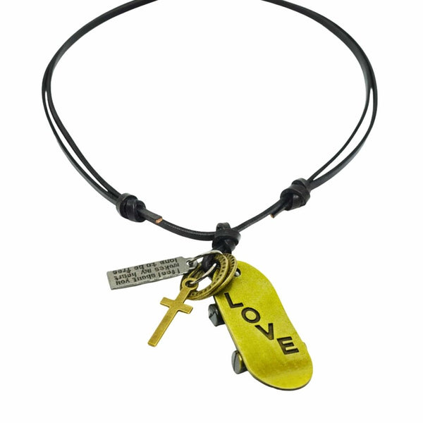 GOLDEN SKATE LOVE – 2-Inch Pure Stainless Steel Pendant with Adjustable Leather Rope for Men & Boys