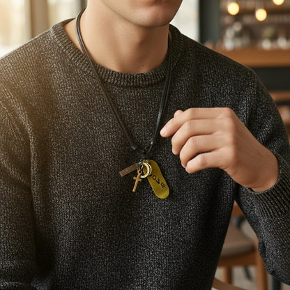 THE MEN THING Leather Necklace SKATE LOVE – 2-Inch Pure Stainless Steel Pendant with Adjustable Leather Rope for Men & Boys