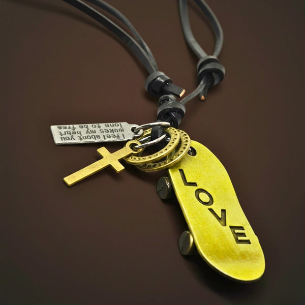 GOLDEN SKATE LOVE – 2-Inch Pure Stainless Steel Pendant with Adjustable Leather Rope for Men & Boys