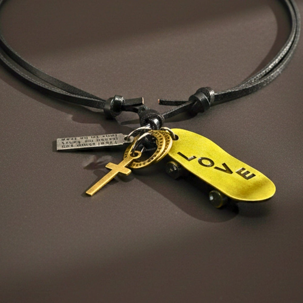 THE MEN THING Leather Necklace SKATE LOVE – 2-Inch Pure Stainless Steel Pendant with Adjustable Leather Rope for Men & Boys