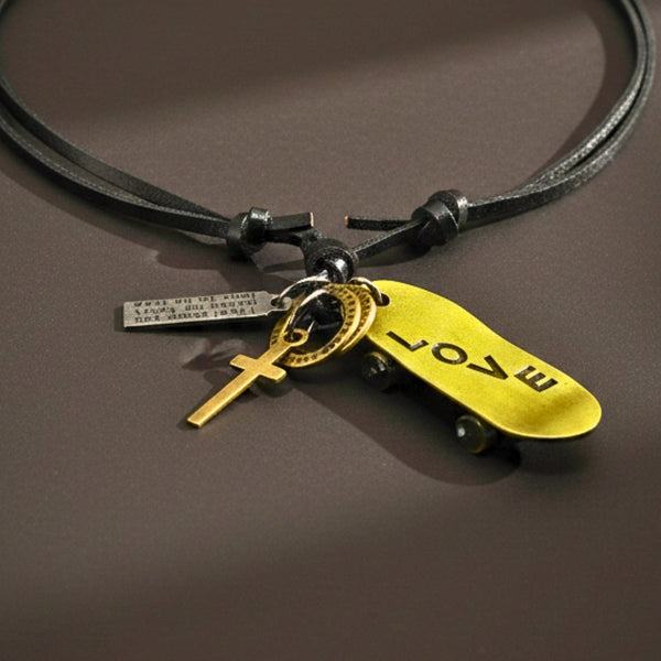 GOLDEN SKATE LOVE – 2-Inch Pure Stainless Steel Pendant with Adjustable Leather Rope for Men & Boys