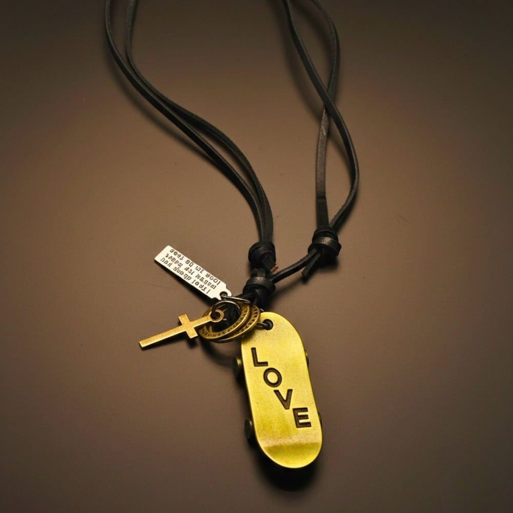 THE MEN THING Leather Necklace SKATE LOVE – 2-Inch Pure Stainless Steel Pendant with Adjustable Leather Rope for Men & Boys