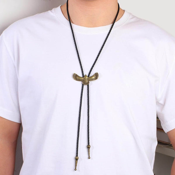 SOARING FALCON - Retro Alloy Pendant Bolo Tie | Adjustable Genuine Leather Cowboy Necktie Necklace for Men & Boys