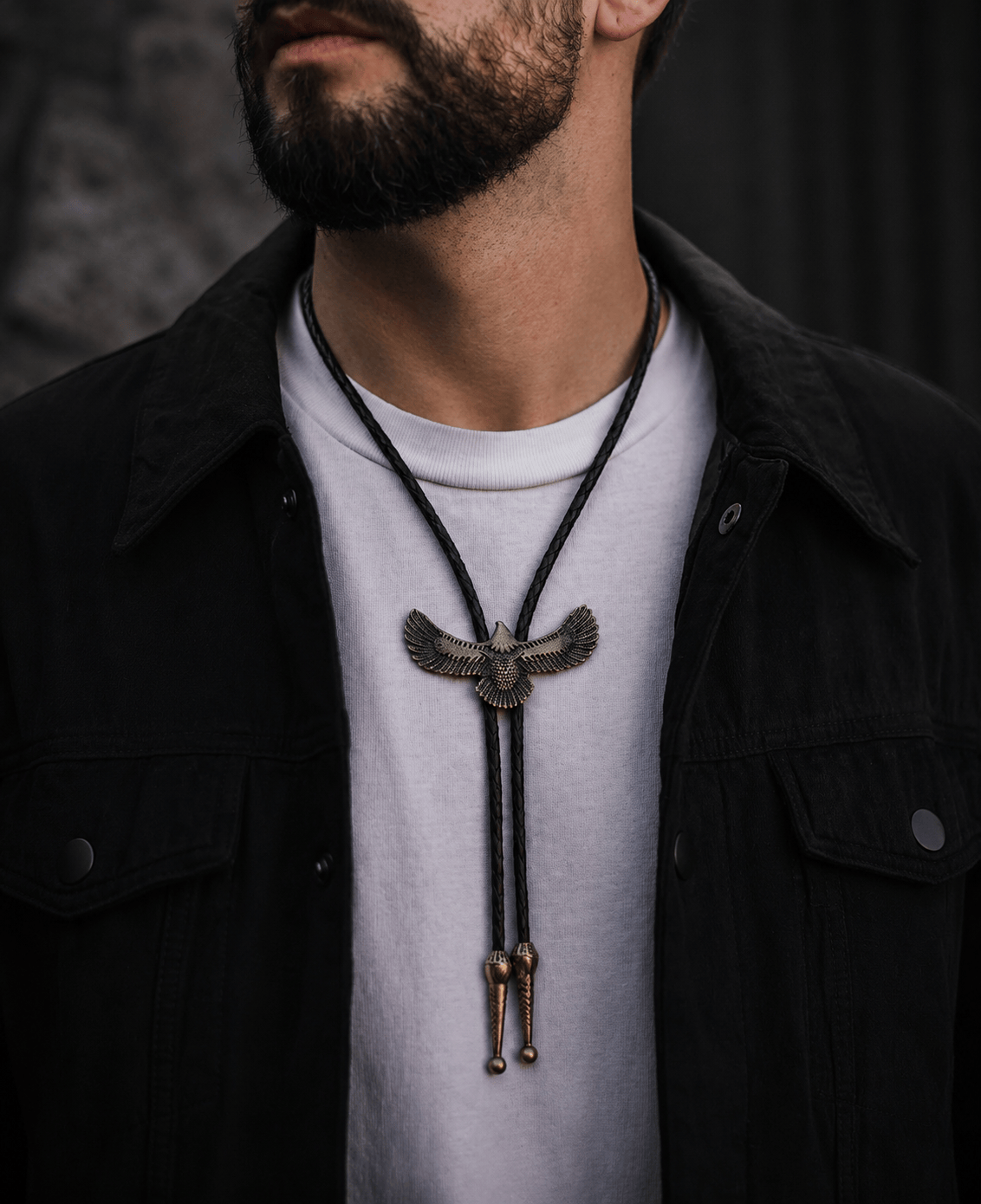 THE MEN THING Leather Necklace SOARING FALCON - Retro Alloy Pendant Bolo Tie | Adjustable Genuine Leather Cowboy Necktie Necklace for Men & Boys