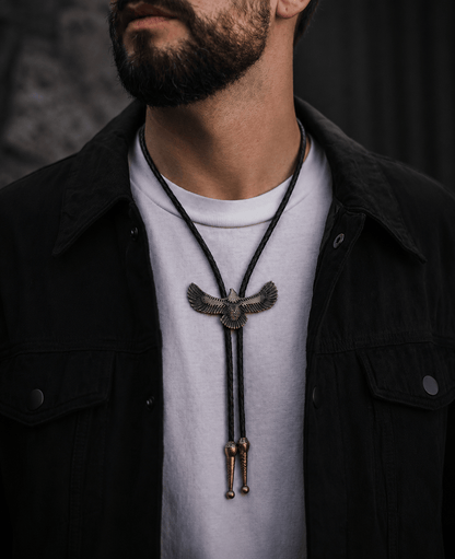 THE MEN THING Leather Necklace SOARING FALCON - Retro Alloy Pendant Bolo Tie | Adjustable Genuine Leather Cowboy Necktie Necklace for Men & Boys