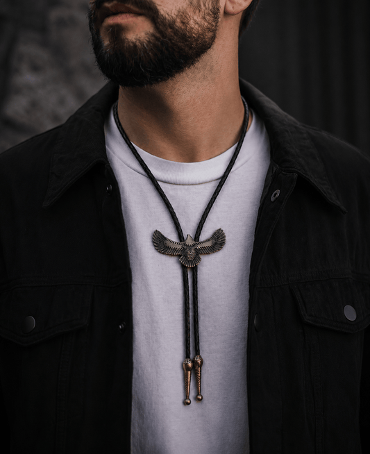 THE MEN THING Leather Necklace SOARING FALCON - Retro Alloy Pendant Bolo Tie | Adjustable Genuine Leather Cowboy Necktie Necklace for Men & Boys
