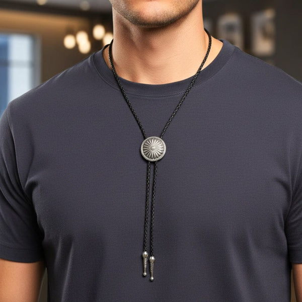 SOLARIS - Retro Alloy Pendant Bolo Tie | Adjustable Genuine Leather Cowboy Necktie Necklace for Men & Boys