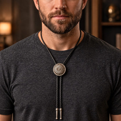 THE MEN THING Leather Necklace SOLARIS - Retro Alloy Pendant Bolo Tie | Adjustable Genuine Leather Cowboy Necktie Necklace for Men & Boys