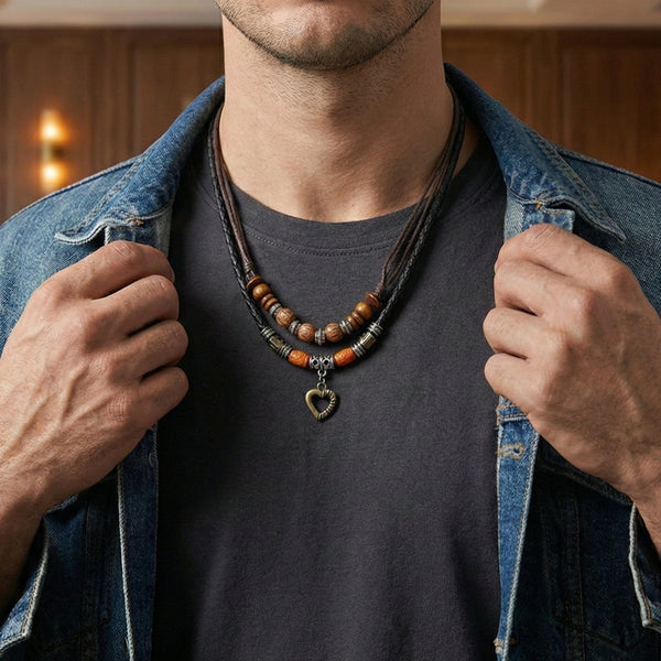 SOUL HEART -  Pendant with Beaded Multilayer Adjustable Rope Necklace for Men and Boys