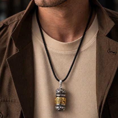 THE MEN THING Leather Necklace SPIRITUAL ZEN WHEEL - 16mm Pure Titanium Steel Pendant with 24 to 26inch Adjustable Leather Rope Necklace for Men & Boys