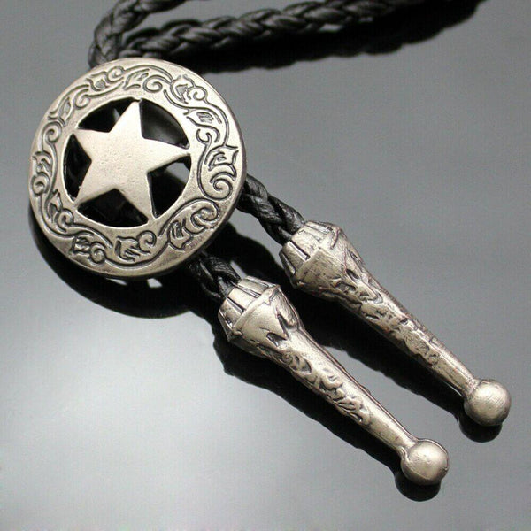 STELLAR STAR - Retro Alloy Pendant Bolo Tie | Adjustable Genuine Leather Cowboy Necktie Necklace for Men & Boys