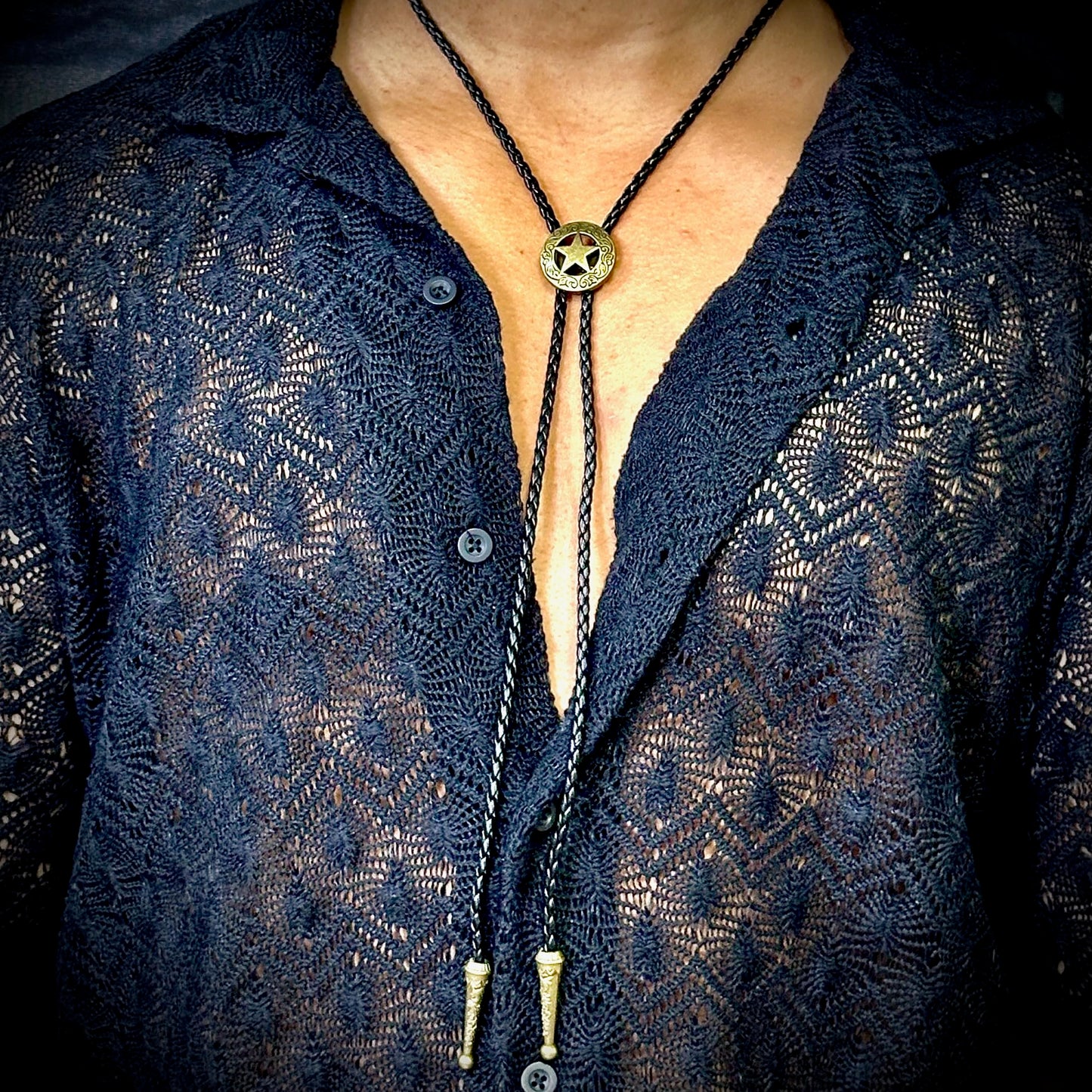 THE MEN THING Leather Necklace STELLAR STAR - Retro Alloy Pendant Bolo Tie | Adjustable Genuine Leather Cowboy Necktie Necklace for Men & Boys