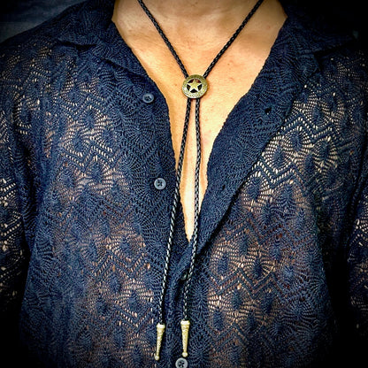 THE MEN THING Leather Necklace STELLAR STAR - Retro Alloy Pendant Bolo Tie | Adjustable Genuine Leather Cowboy Necktie Necklace for Men & Boys