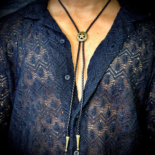 THE MEN THING Leather Necklace STELLAR STAR - Retro Alloy Pendant Bolo Tie | Adjustable Genuine Leather Cowboy Necktie Necklace for Men & Boys