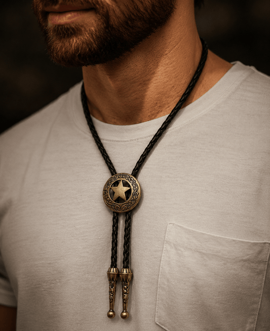 THE MEN THING Leather Necklace STELLAR STAR - Retro Alloy Pendant Bolo Tie | Adjustable Genuine Leather Cowboy Necktie Necklace for Men & Boys
