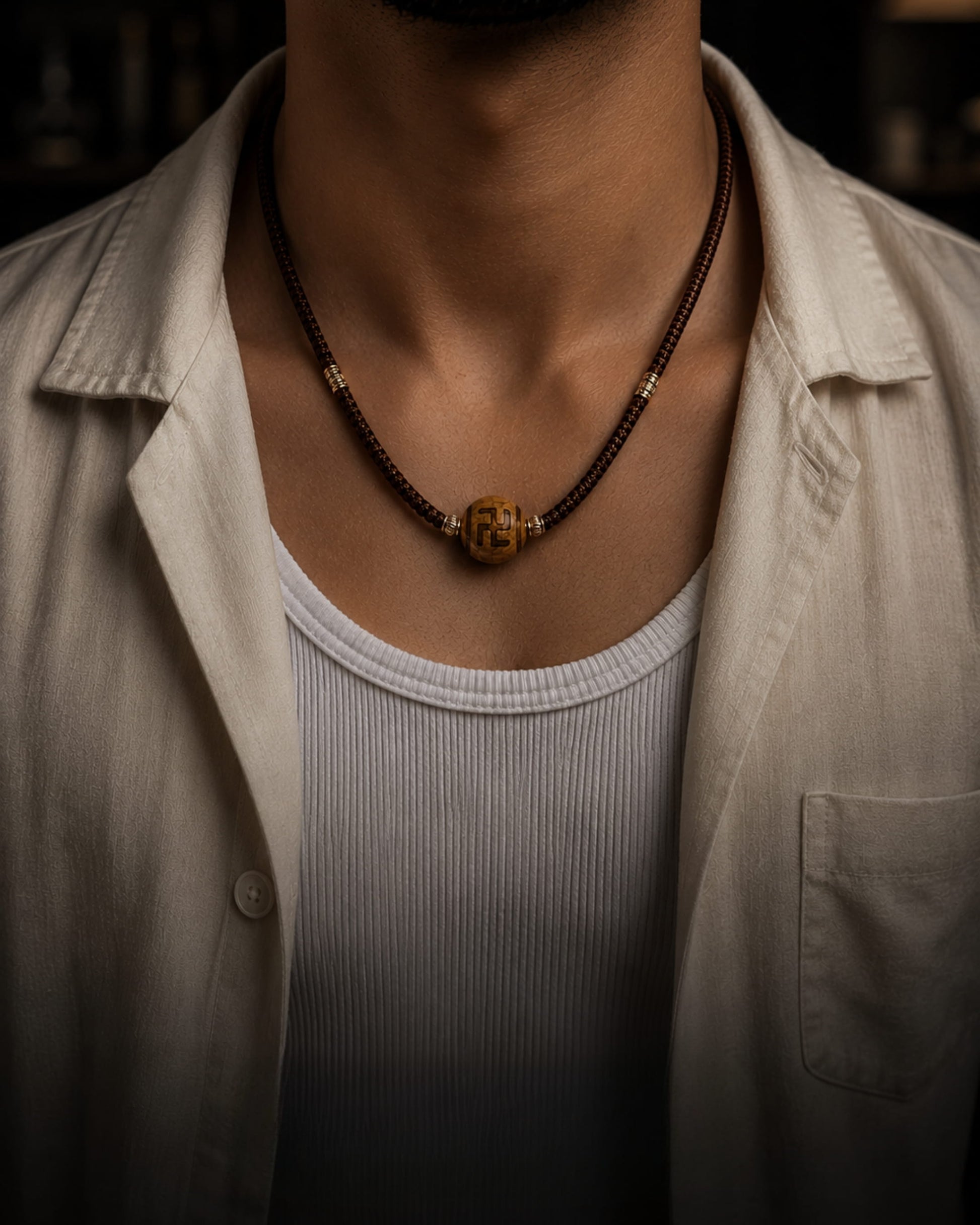 THE MEN THING Leather Necklace SWASTIK DZI – 1-Inch Natural Crystal Pendant with Adjustable Leather Rope for Men & Boys