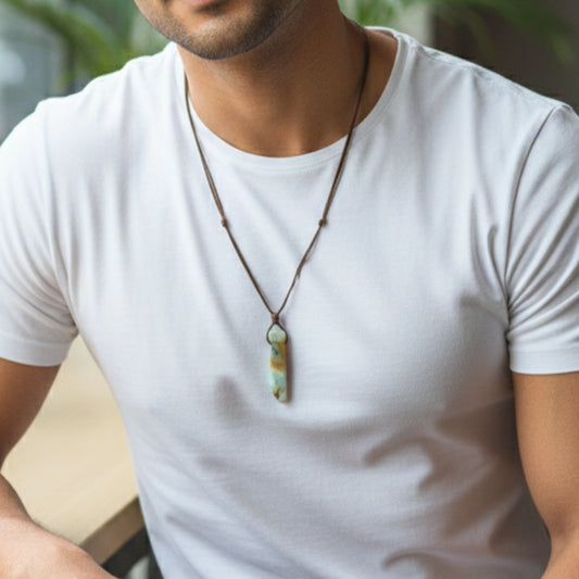 THE MEN THING Leather Necklace TERRA SHARD - Natural Crystal Unshaped Pendant with Adjustable Rope Chain for Men and Boys