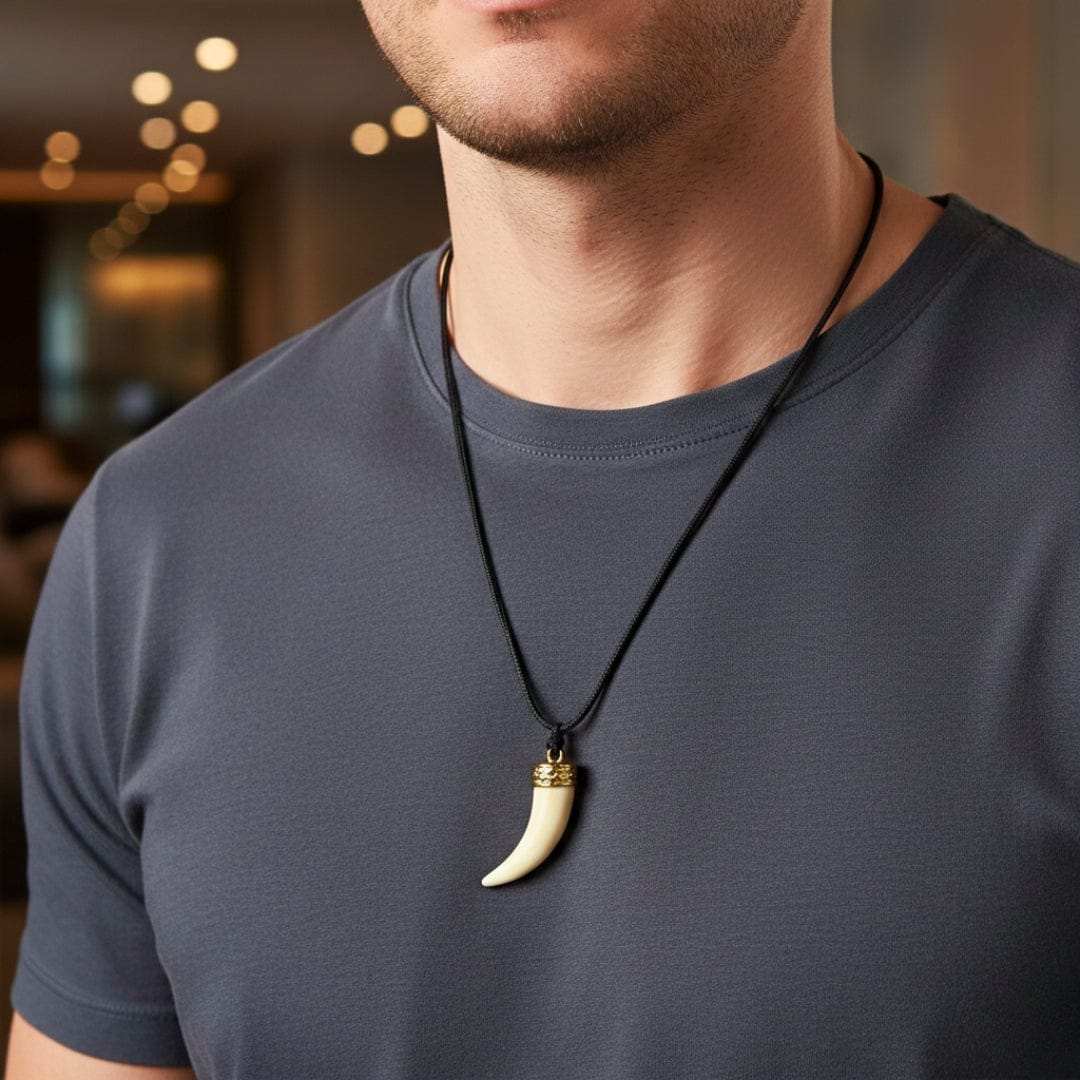 THE MEN THING Leather Necklace THE MEN THING Necklace for Men - Gold Ivory Dangle Pendant Necklace Black Cotton Cord Adjustable Necklace for Men and Boys.