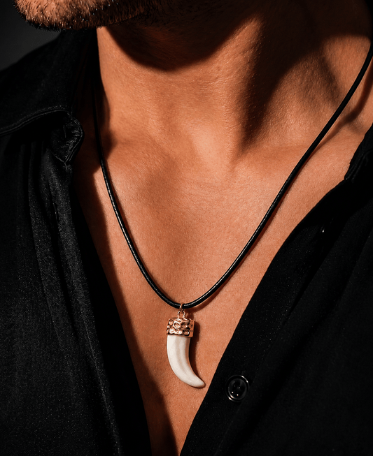 THE MEN THING Leather Necklace THE MEN THING Necklace for Men - Gold Ivory Dangle Pendant Necklace Black Cotton Cord Adjustable Necklace for Men and Boys.