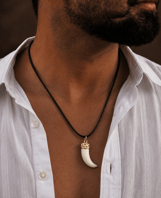 THE MEN THING Leather Necklace THE MEN THING Necklace for Men - Gold Ivory Dangle Pendant Necklace Black Lobster Claw Adjustable Necklace for Men and Boys.
