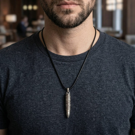 THE MEN THING Leather Necklace THE SECRET BOX BULLET - 11mm Pure Titanium Steel Pendant with 24 to 26inch Adjustable Leather Rope Necklace for Men & Boys