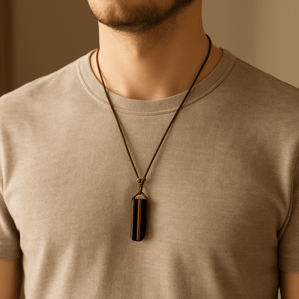TIGERS EYE - Natural Crystal Unshaped Pendant with Adjustable Rope Chain for Men and Boys