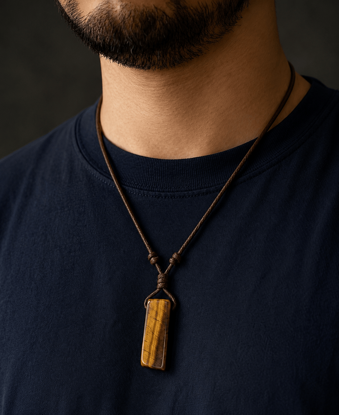 THE MEN THING Leather Necklace TIGERS EYE - Natural Crystal Unshaped Pendant with Adjustable Rope Chain for Men and Boys