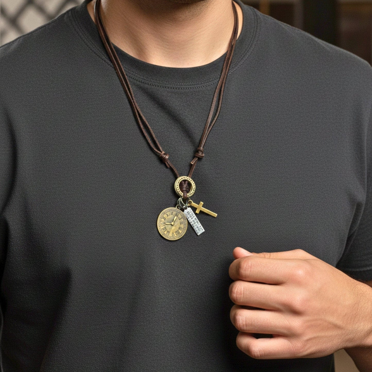 THE MEN THING Leather Necklace TIMELOCK – 1.2-Inch Pure Stainless Steel Pendant with Adjustable Brown Leather Rope for Men & Boys