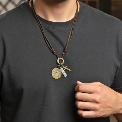 THE MEN THING Leather Necklace TIMELOCK – 1.2-Inch Pure Stainless Steel Pendant with Adjustable Brown Leather Rope for Men & Boys