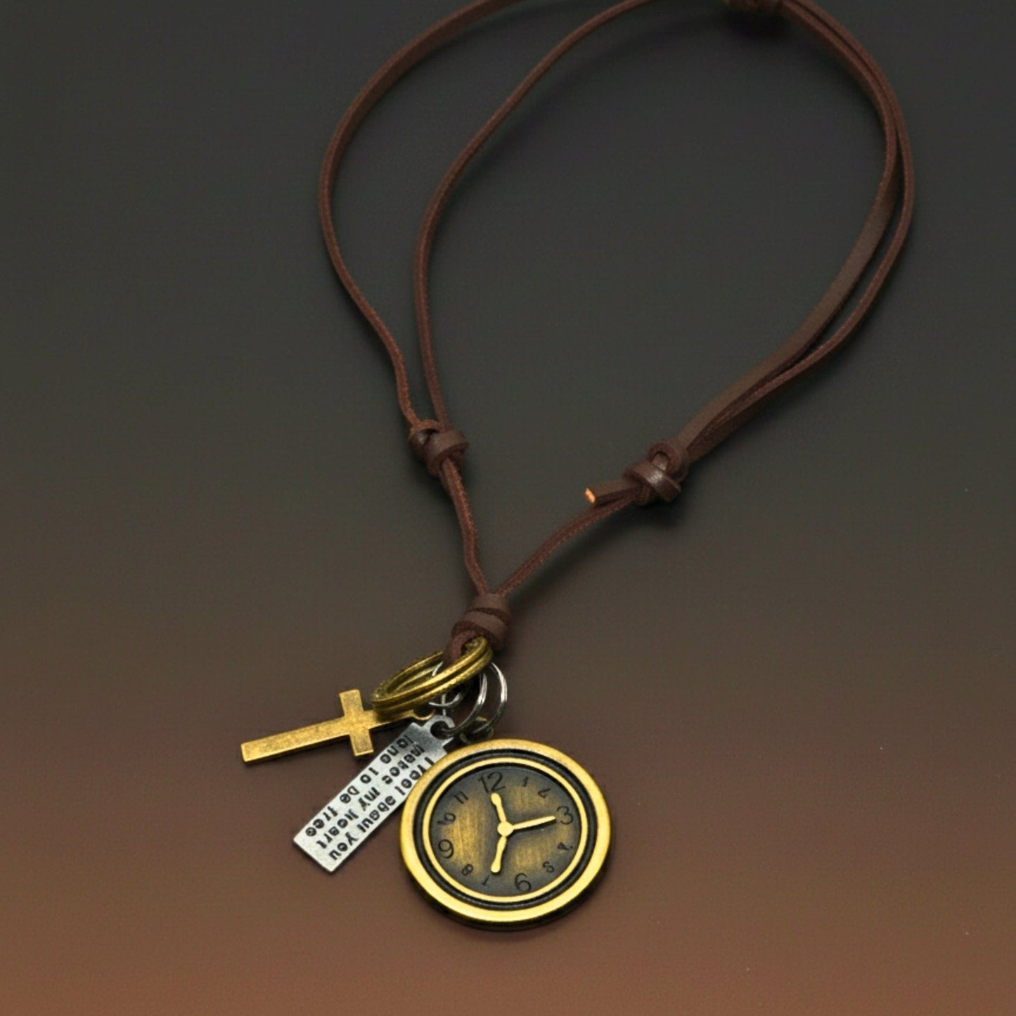 THE MEN THING Leather Necklace TIMELOCK – 1.2-Inch Pure Stainless Steel Pendant with Adjustable Brown Leather Rope for Men & Boys