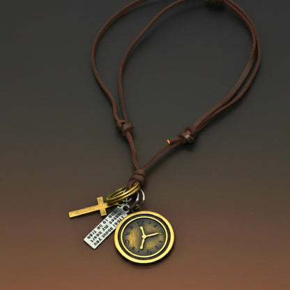 THE MEN THING Leather Necklace TIMELOCK – 1.2-Inch Pure Stainless Steel Pendant with Adjustable Brown Leather Rope for Men & Boys