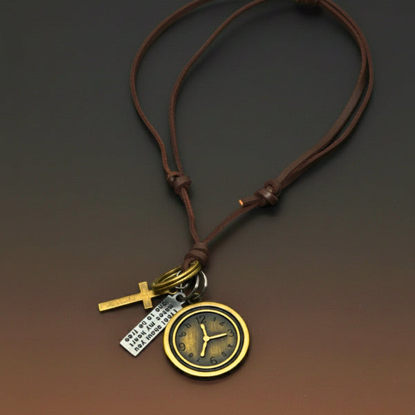 TIMELOCK – 1.2-Inch Pure Stainless Steel Pendant with Adjustable Brown Leather Rope for Men & Boys