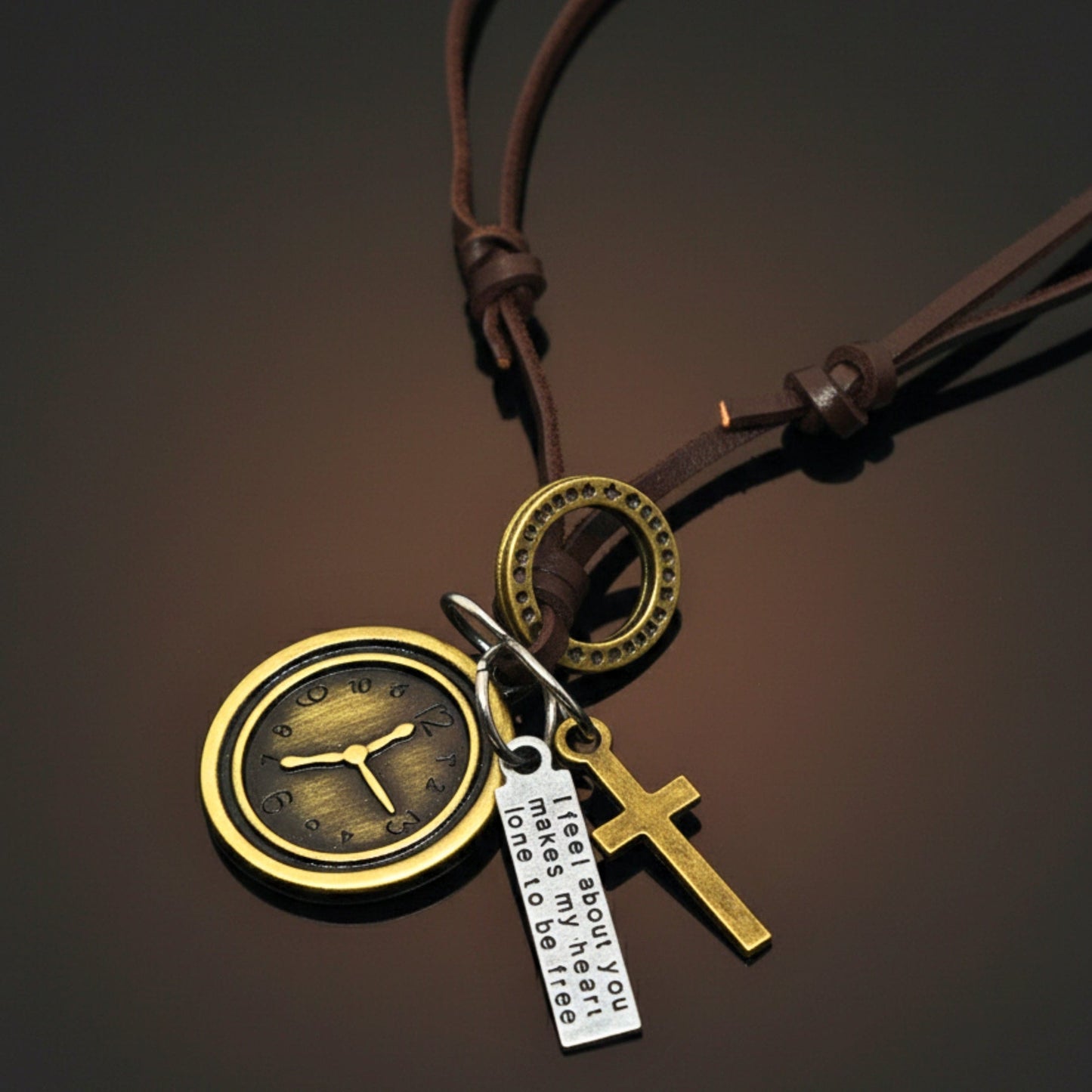 THE MEN THING Leather Necklace TIMELOCK – 1.2-Inch Pure Stainless Steel Pendant with Adjustable Brown Leather Rope for Men & Boys