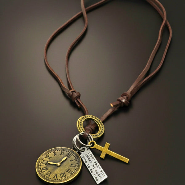 TIMELOCK – 1.2-Inch Pure Stainless Steel Pendant with Adjustable Brown Leather Rope for Men & Boys