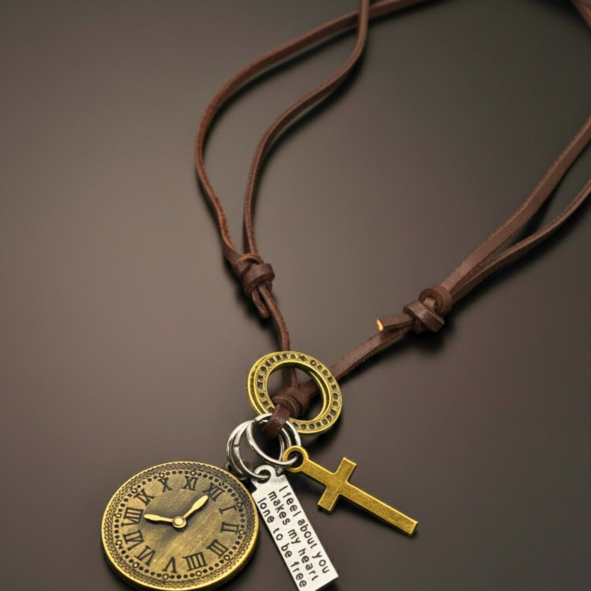 THE MEN THING Leather Necklace TIMELOCK – 1.2-Inch Pure Stainless Steel Pendant with Adjustable Brown Leather Rope for Men & Boys