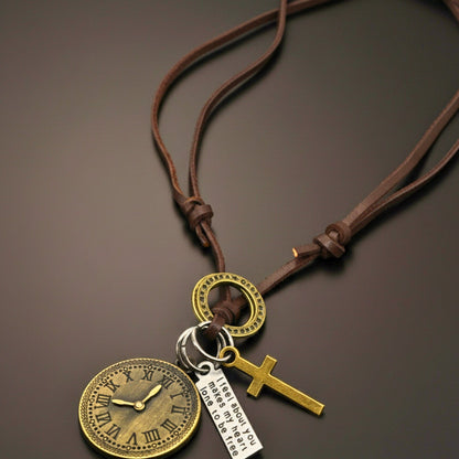 THE MEN THING Leather Necklace TIMELOCK – 1.2-Inch Pure Stainless Steel Pendant with Adjustable Brown Leather Rope for Men & Boys