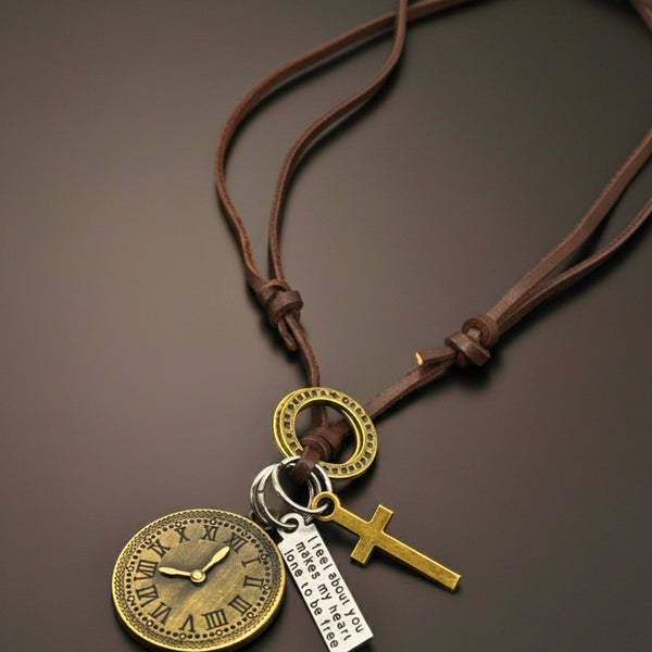 TIMELOCK – 1.2-Inch Pure Stainless Steel Pendant with Adjustable Brown Leather Rope for Men & Boys